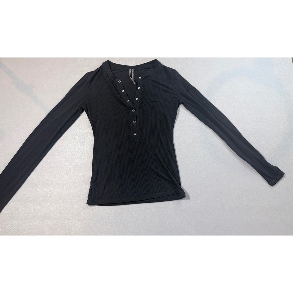 Anthropologie Black Ribbed Henley Long Sleeve Snap Button Top XXS